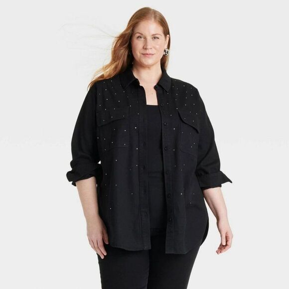 Long Sleeve Embellished Denim Button-Down Shirt Women's - Ava & Viv Black 2X - Picture 1 of 7